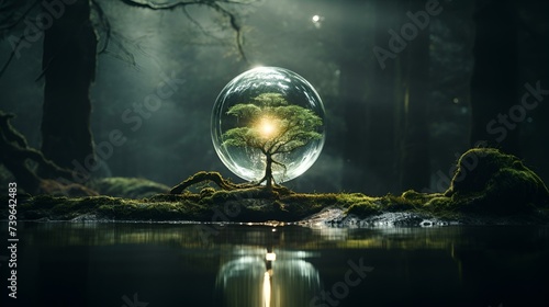 a big crystal ball full of green trees with nature and life inside the crystal vola photo