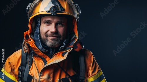 A joyful and confident firefighter, proudly wearing his fireproof suit, depicted in a portrait with space for text.
