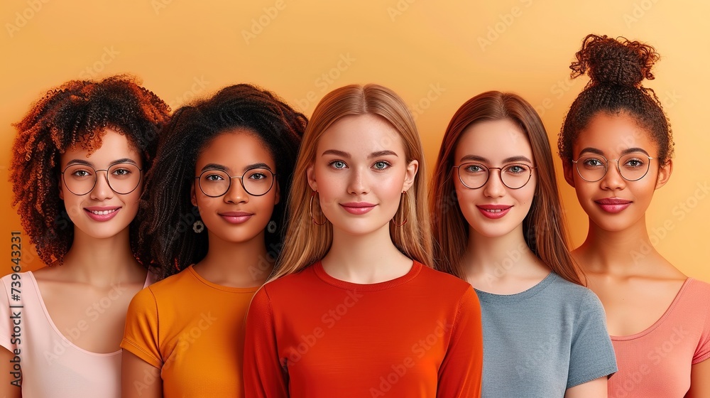 Group of strong independent women standing together in a studio. Diverse women looking at the camera Group of strong independent women standing together in a studio. Diverse women looking at the camera