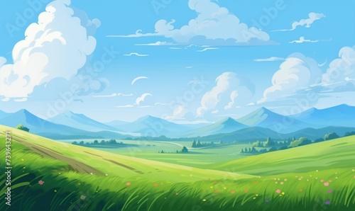 Summer fields  hills landscape  green grass  blue sky with clouds  flat style cartoon painting illustration. Generative AI 