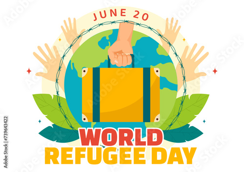World Refugee Day Vector Illustration on 20 June of Immigration Family and Their Kids Walking Seek Home with Fence Iron Wire and Hand in Background