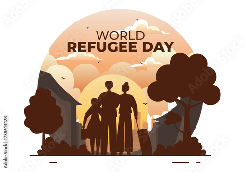 World Refugee Day Vector Illustration on 20 June of Immigration Family and Their Kids Walking Seek Home with Fence Iron Wire and Hand in Background