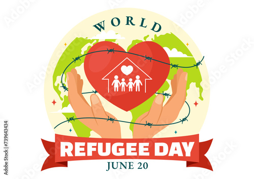World Refugee Day Vector Illustration on 20 June of Immigration Family and Their Kids Walking Seek Home with Fence Iron Wire and Hand in Background