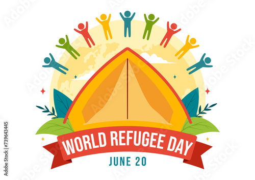 World Refugee Day Vector Illustration on 20 June of Immigration Family and Their Kids Walking Seek Home with Fence Iron Wire and Hand in Background