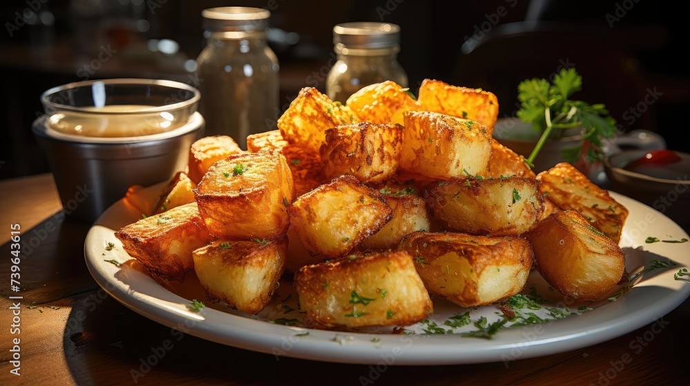 Crispy tater tots with savory salty spices with black and blur background Crispy tater tots with savory salty spices with black and blur background