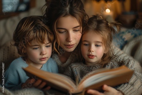 Concept world book day, Mother reads a book to two children. Generative AI.