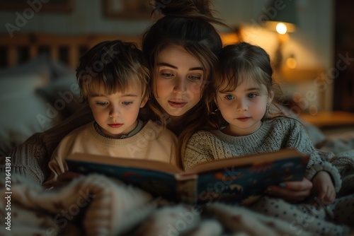 Concept world book day, Mother reads a book to two children. Generative AI.