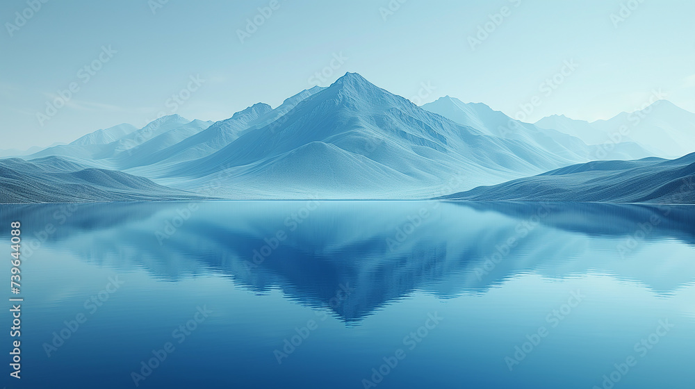 青色の静かな世界。青色の湖と青色の山