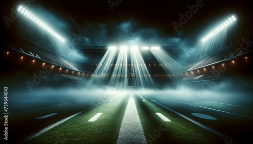 American football stadium light with fog, subtly obscured by the mist and illuminated by the stadium light
