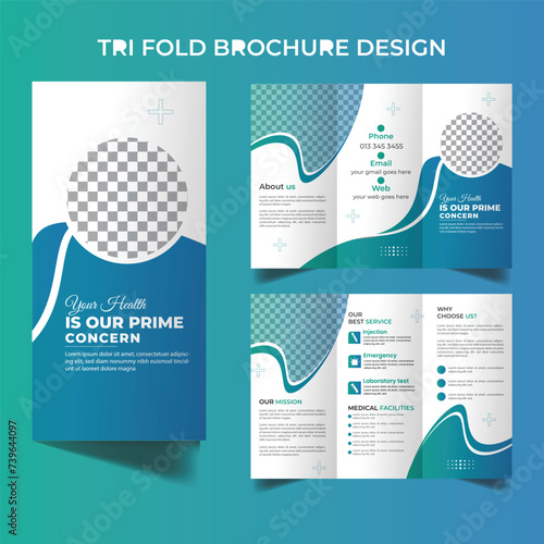 Medical tri fold brochure design vector template and gradient color background