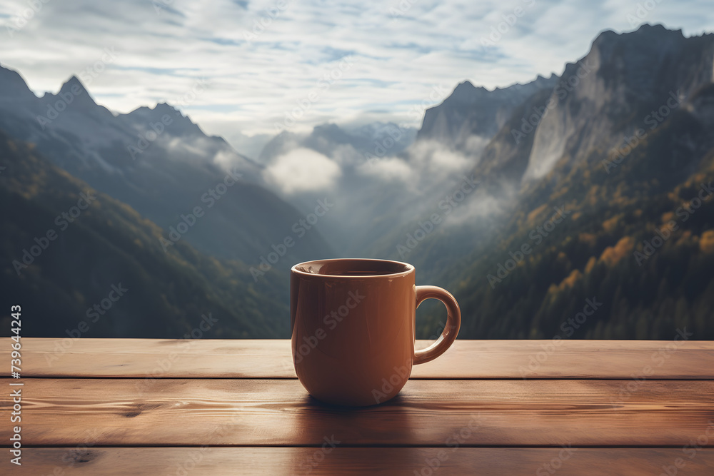Cup of Coffee n a Mountain Table, Coffee Mug on a table Cup of Coffee n a Mountain Table, Coffee Mug on a table