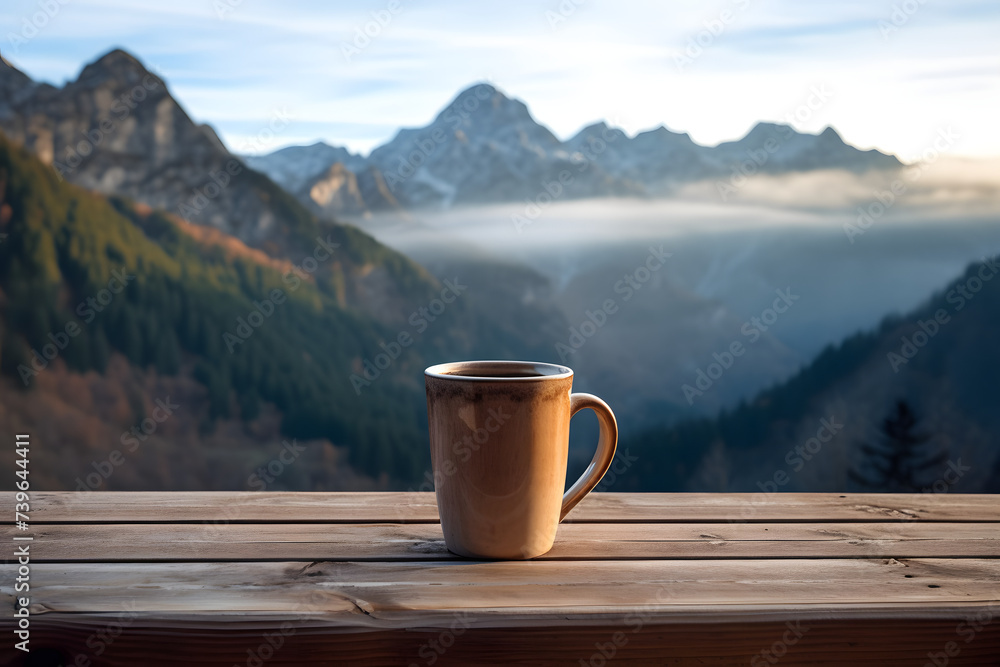 Cup of Coffee n a Mountain Table, Coffee Mug on a table Cup of Coffee n a Mountain Table, Coffee Mug on a table