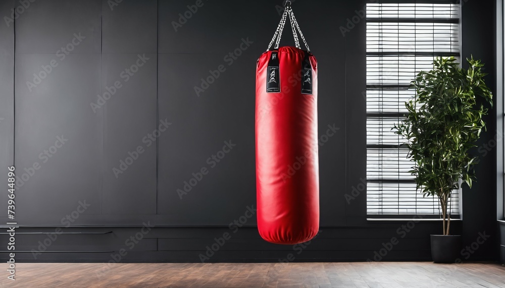 Healthy lifestyle and active sport concept with red punching bag, essential for kickboxing, Muay Thai, and Taekwondo