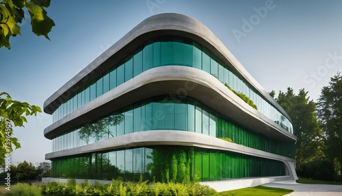 Sustainable lifestyle embodied in green glass building with carbon-reducing vertical garden