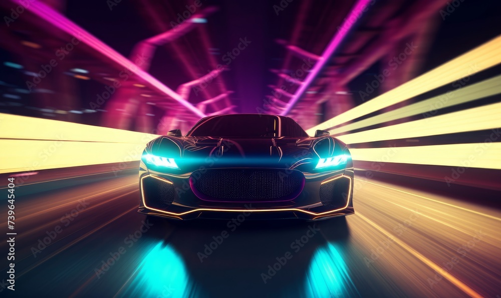 Sports Car On Neon Highway. Powerful acceleration of a supercar with colorful lights and trails. generative AI, Generative AI 