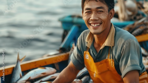 Happy fisherman portrait showcasing a successful day's catch aboard his boat.  © Matthew