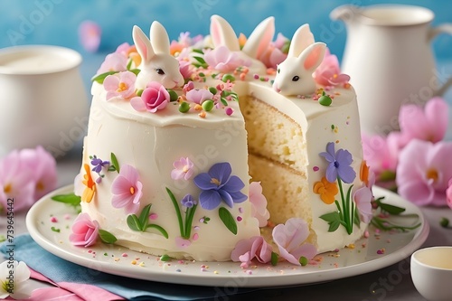 Celebrate Easter with a twist on the classic tres leches cake, featuring a decadent blend of three milks and a whimsical design of spring flowers and bunnies. © Waqasiii_Arts 