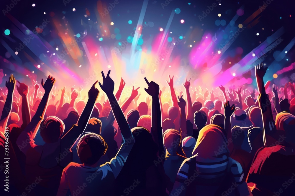 Crowd raising their hands at music concert. Audience enjoying rock, dance, edm and club festival party. Cartoon painting illustration. Generative AI 