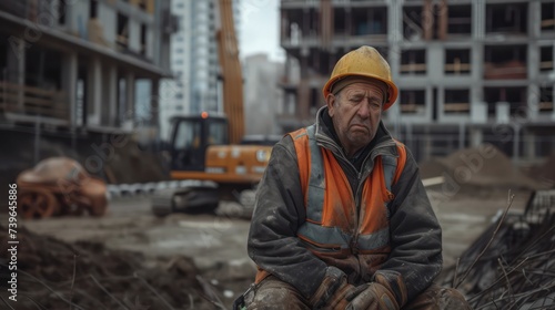 The saddened construction worker sits alone, with the construction site in the background. Construction worker is disheartened and unfortunately due to low wages