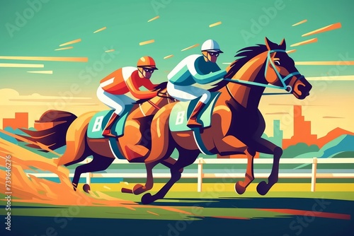 Horse Racing Competition. Equestrian Performance Sport and Rider or Jockeys on Flat Cartoon. Generative AI 