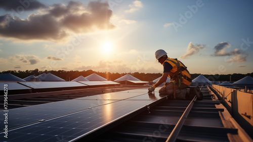 Technician Installing Solar Panels on a Roof photo