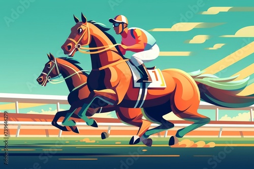 Horse Racing Competition. Equestrian Performance Sport and Rider or Jockeys on Flat Cartoon. Generative AI 