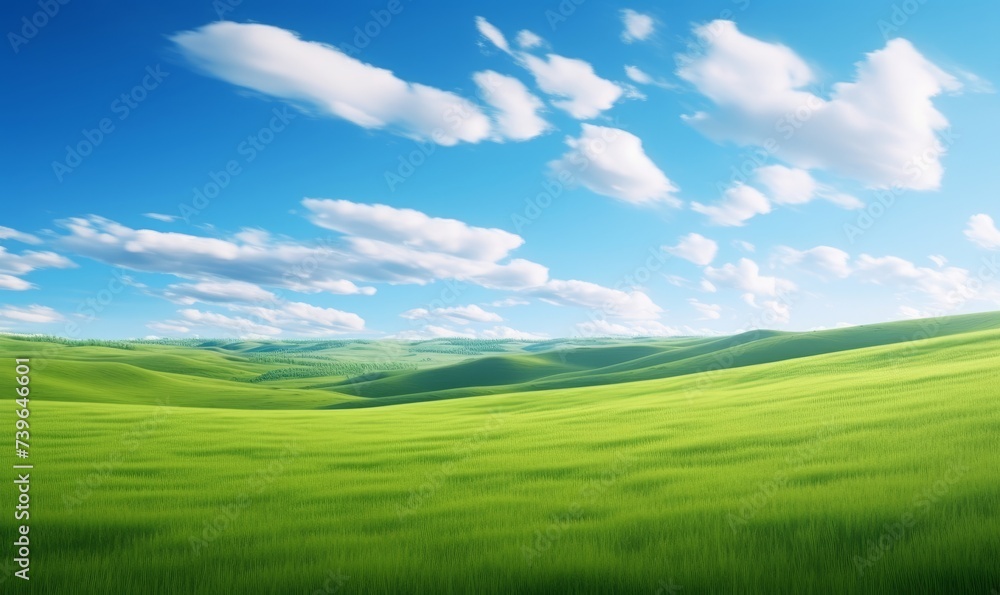 Green grass field on small hills and blue sky with clouds. Summer spring landscape background. Generative AI 