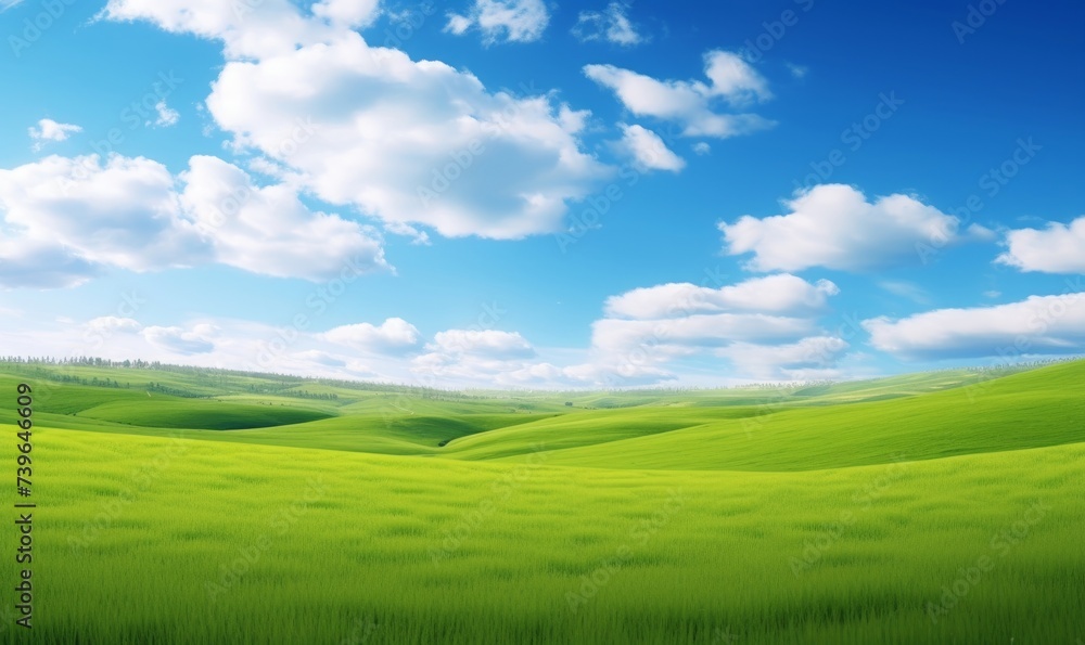 Green grass field on small hills and blue sky with clouds. Summer spring landscape background. Generative AI 