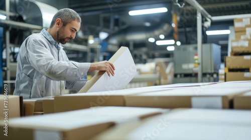 A worker checking the quality of freshly printed packaging boxes at a reshored printing plant. The crisp and flawless boxes convey how bringing production back to local markets photo