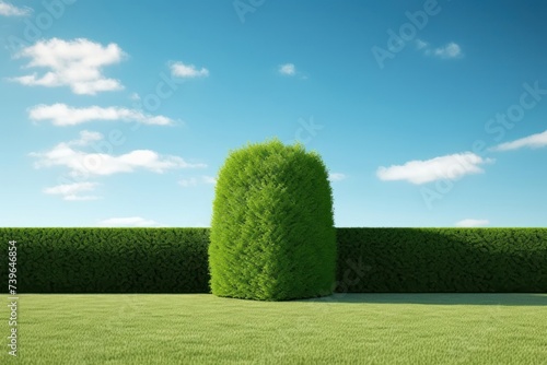Tall long tree hedge with green grass and sky. Summer lawn backyard background. Generative AI 