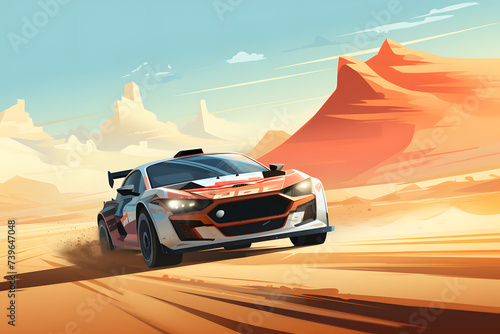 Illustrated rallye car in the desert, desert rallye, desert race, driving in the desert © MrJeans
