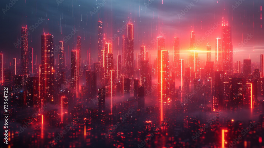 A futuristic cityscape with towering buildings each one representing a different company or industry. The buildings are connected by a web of neon lights representing the