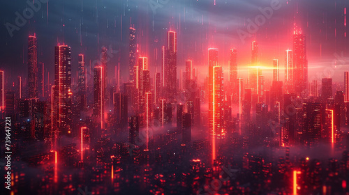 A futuristic cityscape with towering buildings each one representing a different company or industry. The buildings are connected by a web of neon lights representing the © Justlight