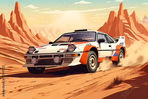 Illustrated rallye car in the desert, desert rallye, desert race, driving in the desert