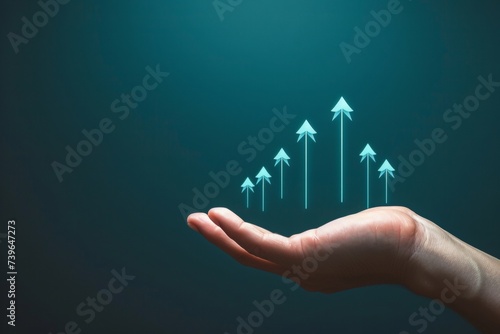 An open hand uplifting arrows of progress, embodying potential, growth, and the drive towards success in the corporate world.

