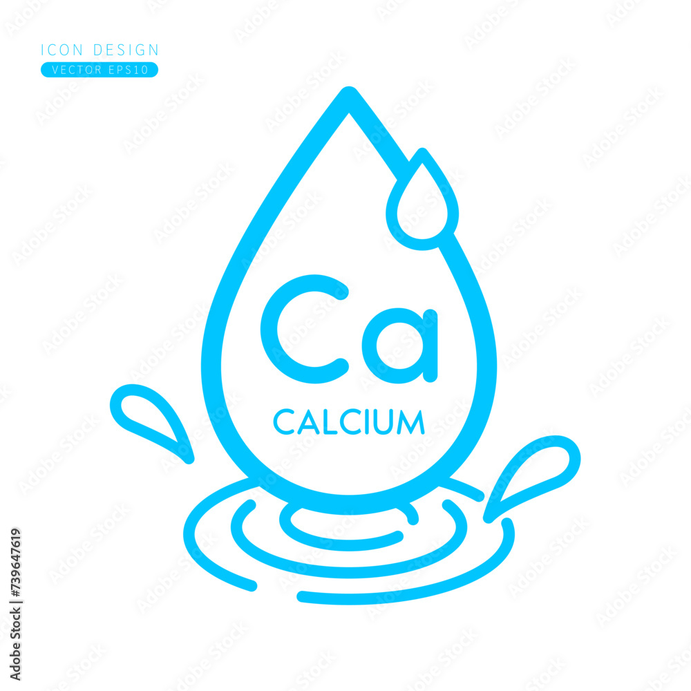 Minerals calcium icon blue. Water drops splashing and waves isolated on white background. Symbol for use on advertising media. Form simple line for designing medical beauty products. Vector. Minerals calcium icon blue. Water drops splashing and waves isolated on white background. Symbol for use on advertising media. Form simple line for designing medical beauty products. Vector.
