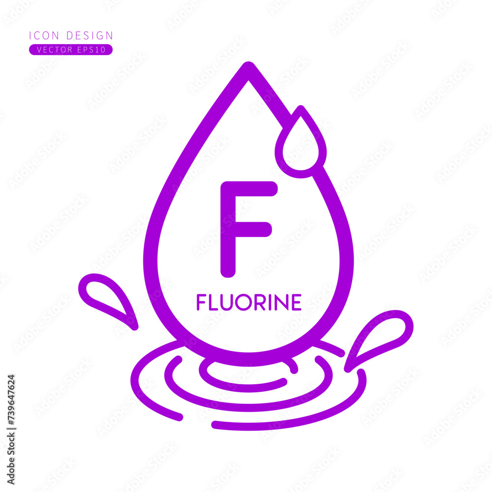 Minerals fluorine icon purple. Water drops splashing and waves isolated on white background. Symbol for use on advertising media. Form simple line for designing medical beauty products. Vector. Minerals fluorine icon purple. Water drops splashing and waves isolated on white background. Symbol for use on advertising media. Form simple line for designing medical beauty products. Vector.