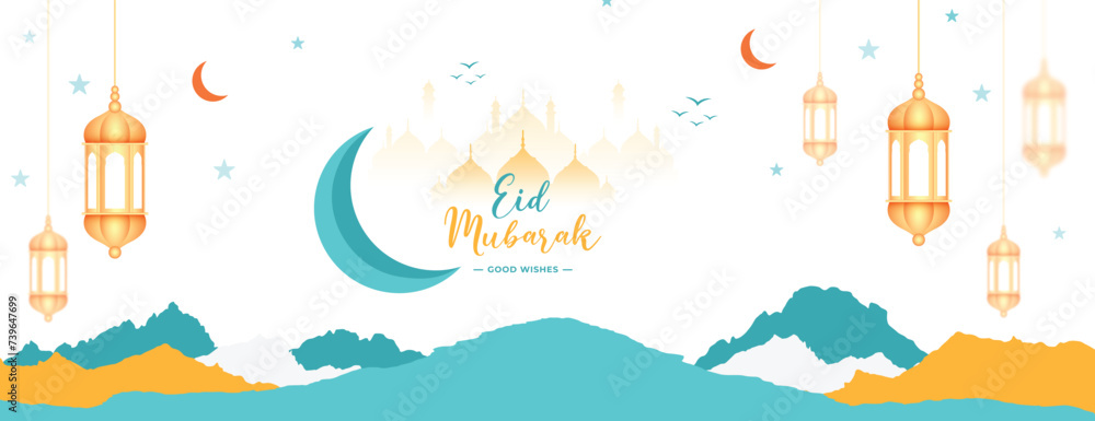 Eid Mubarak wishes or greeting banner or poster design with sky blue paper cut background or golden lantern social media wishing poster , banner, design vector illustration