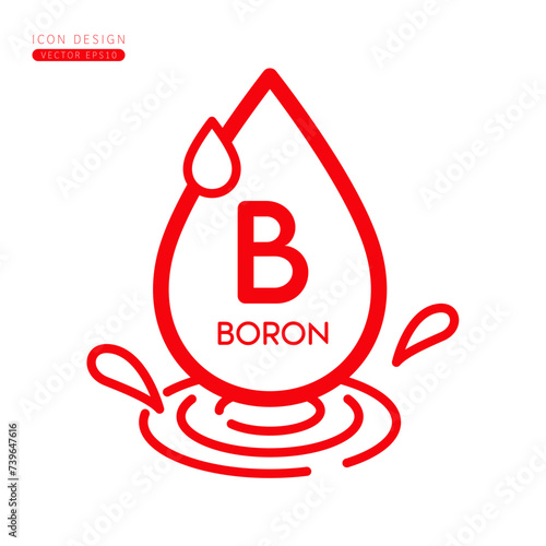 Minerals boron icon red. Water drops splashing and waves isolated on white background. Symbol for use on advertising media. Form simple line for designing medical beauty products. Vector.