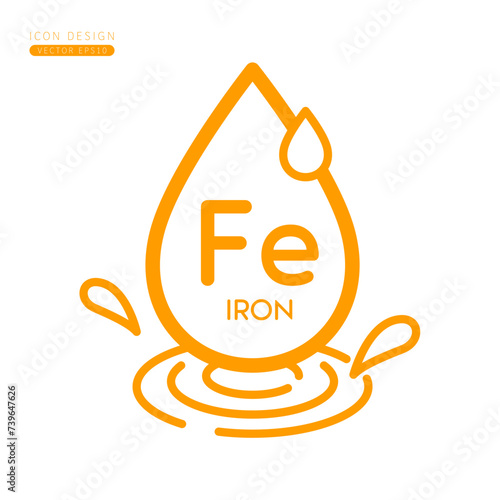 Minerals iron icon orange. Water drops splashing and waves isolated on white background. Symbol for use on advertising media. Form simple line for designing medical beauty products. Vector.