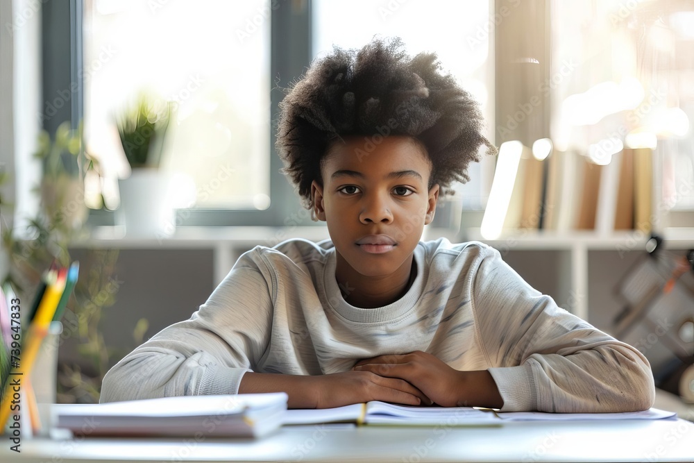 African american schoolboy concentrating on homework Sitting at a desk in a well-lit room Embodying dedication and the importance of education African american schoolboy concentrating on homework Sitting at a desk in a well-lit room Embodying dedication and the importance of education