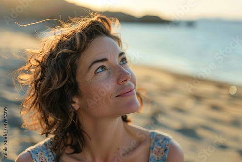 Beach portrait of a content woman in her 30s Radiating happiness and relaxation by the sea Embodying the joy of coastal living