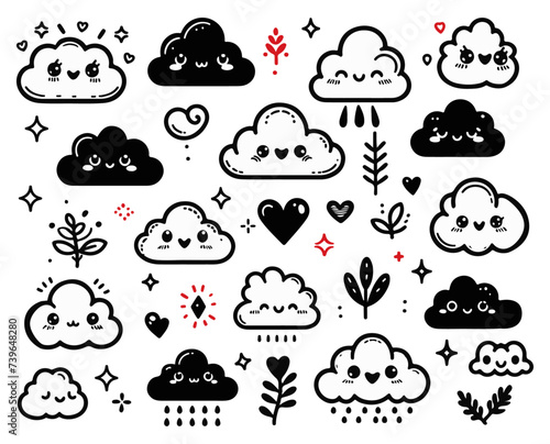 Cute black clouds - happy clouds, smiling clouds - vector illustrations (ID: 739648280)