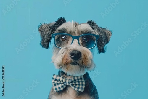 Hipster dog wearing glasses and bow tie on a bright background
