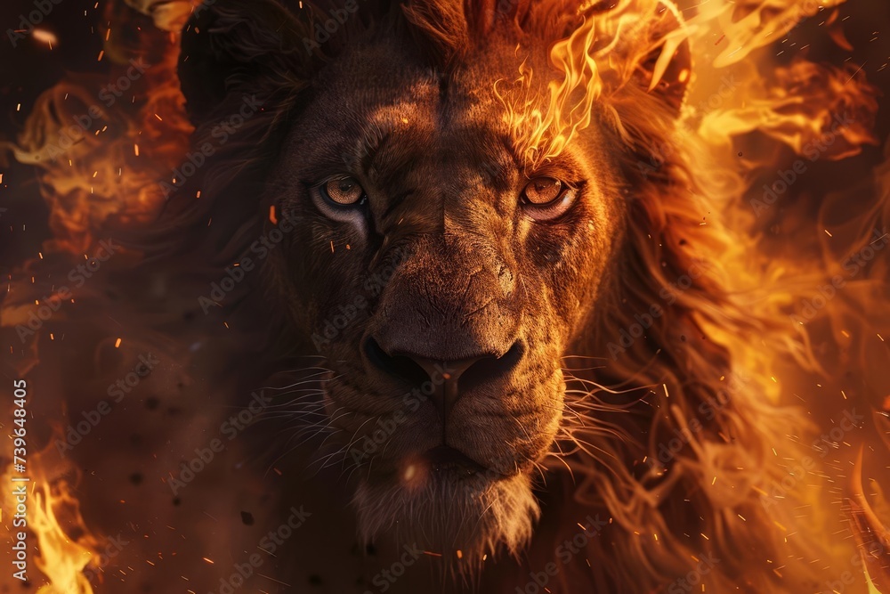 Naklejka premium Majestic portrait of a lion with flames for a mane Embodying strength Power And the fiery spirit of the animal kingdom