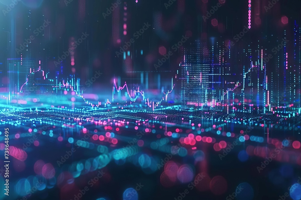 Panoramic abstract backdrop illustrating the dynamic nature of stock market trends With digital graphs and financial indicators weaving through the scene. - obrazy, fototapety, plakaty 