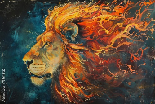 Majestic portrait of a lion with flames for a mane Embodying strength Power And the fiery spirit of the animal kingdom.
