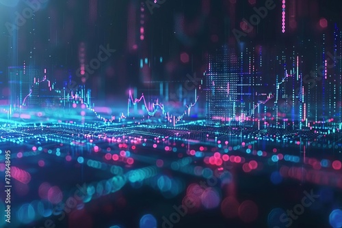 Panoramic abstract backdrop illustrating the dynamic nature of stock market trends With digital graphs and financial indicators weaving through the scene.