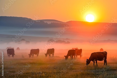 Panoramic view of a peaceful countryside morning Cows grazing in the misty meadow at sunrise