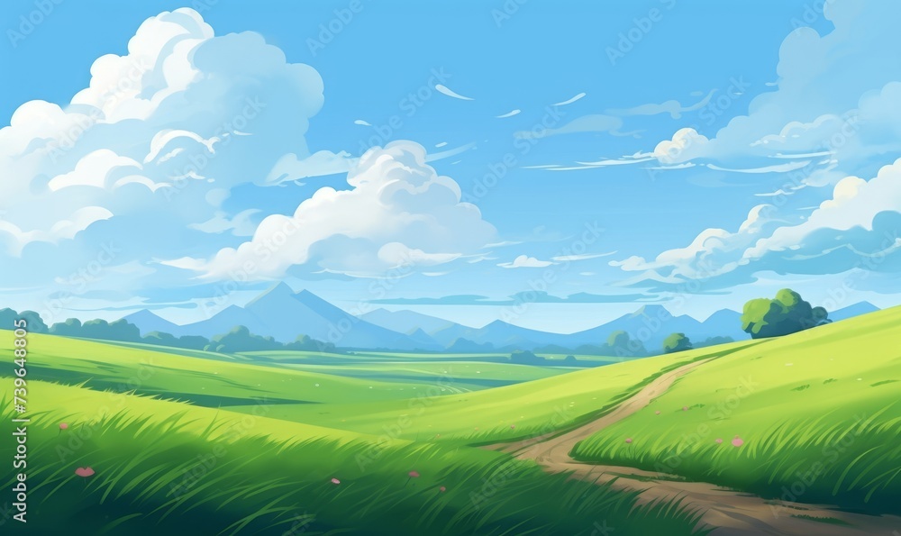 Summer fields, hills landscape, green grass, blue sky with clouds, flat style cartoon painting illustration. Generative AI 